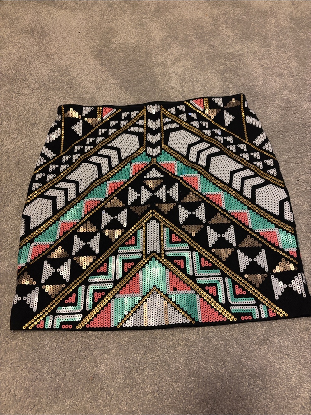 Express Black Mini Skirt with Gold, White, Mint & Coral Sequin Geometric Design